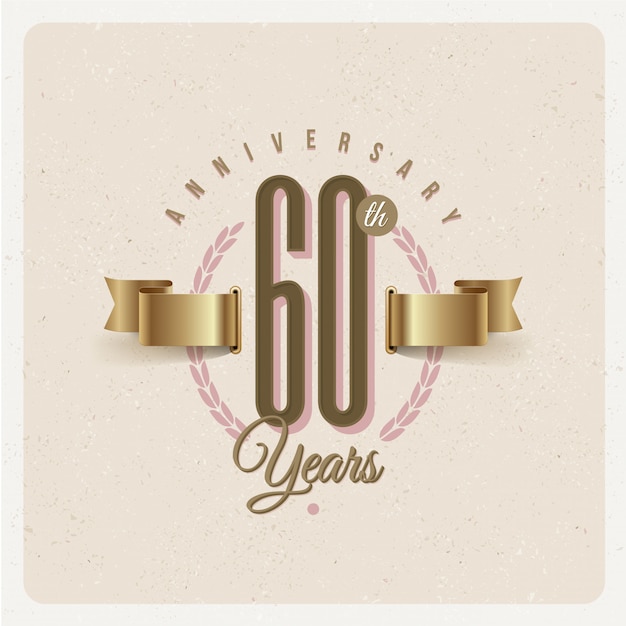 Vector vintage 60 aniversario aniversario emblema con cinta dorada y corona de laurel - ilustración