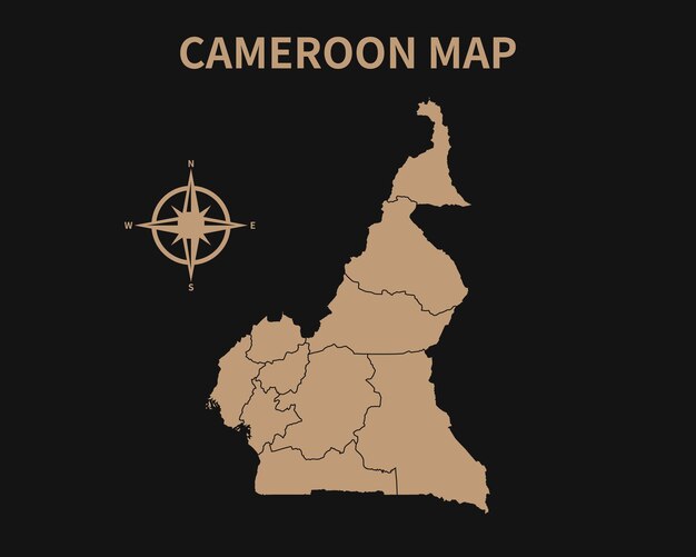 Vintage antiguo mapa detallado de Camerún con brújula y borde de región aislado sobre fondo oscuro