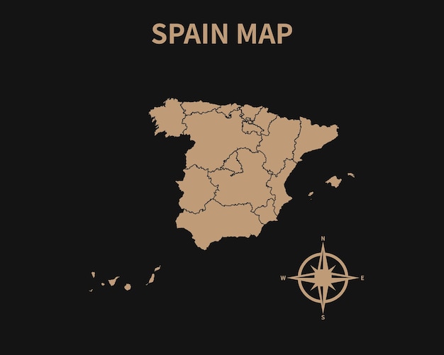 Vintage antiguo mapa detallado de españa con brújula y borde de región aislado sobre fondo oscuro