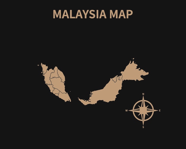 Vintage antiguo mapa detallado de malasia con brújula y borde de región aislado sobre fondo oscuro