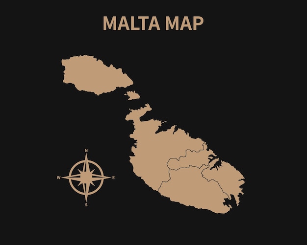 Vintage antiguo mapa detallado de malta con brújula y borde de región aislado sobre fondo oscuro