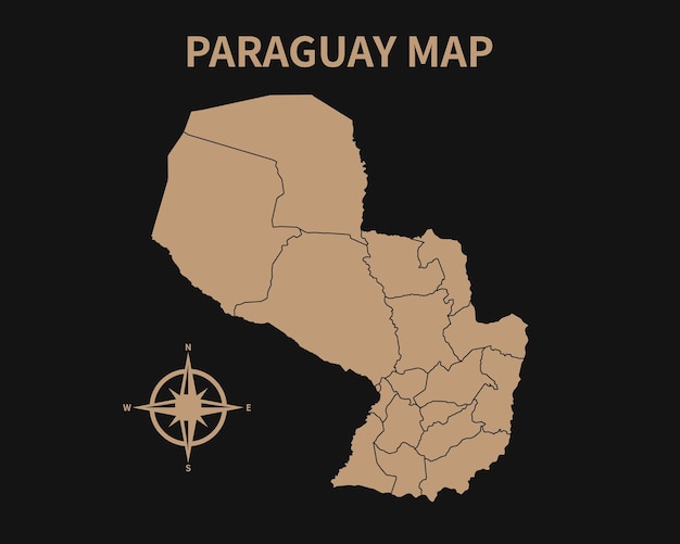 Vintage antiguo mapa detallado de Paraguay con brújula y borde de región aislado sobre fondo oscuro