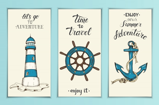 Vintage banners náuticos con ancla de vector dibujado mano,