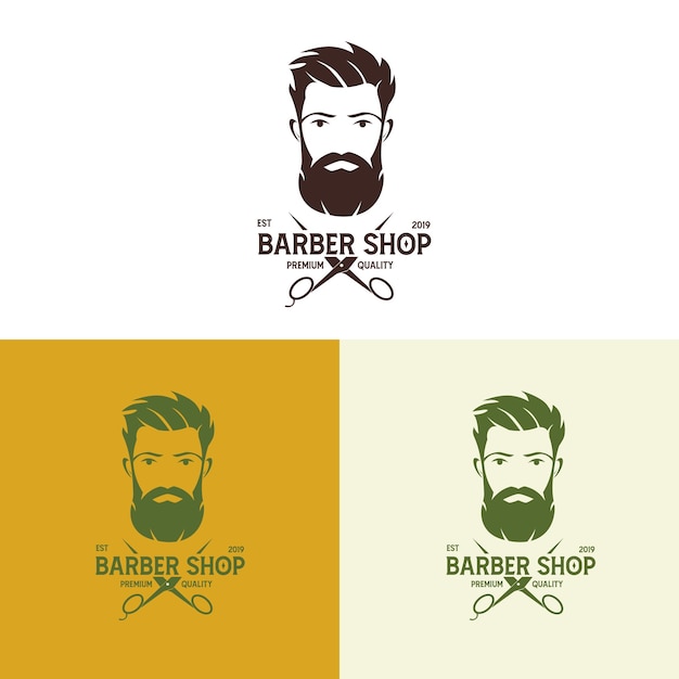 Vintage Barbershop Logo vector 3 colores cabeza barbuda y corte de cabello en tijera