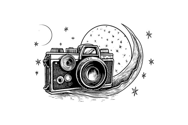 Vintage camera and moon minimal vector logo design camiseta sublimación ilustración