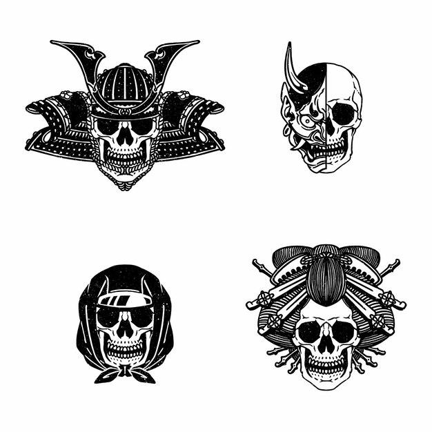 Vintage creepy japanese samurai, oni, ninja y geisha skull isolated vector illustration