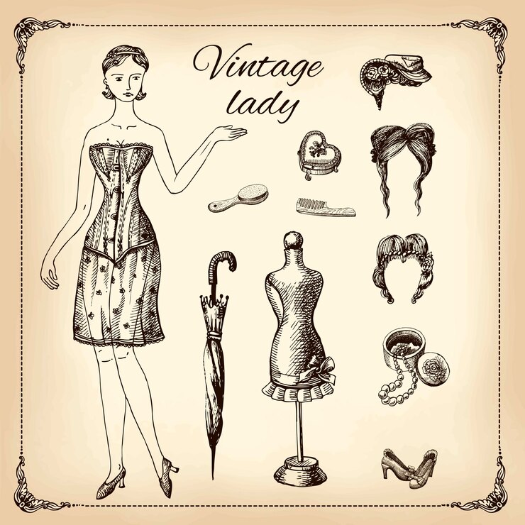Vector vintage dama y sus artículos de tocador dibujo a mano ilustración