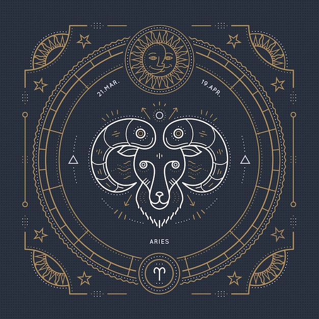 Vintage delgada línea Aries etiqueta del signo del zodiaco. Símbolo astrológico retro, místico, elemento de geometría sagrada, emblema, logotipo. Ilustración de contorno de trazo