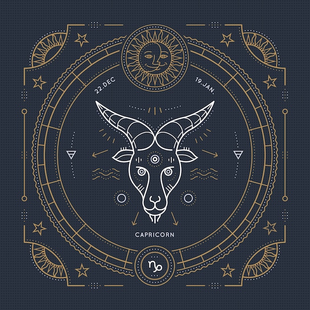 Vintage delgada línea Capricornio signo del zodiaco etiqueta. Símbolo astrológico retro, místico, elemento de geometría sagrada, emblema, logotipo. Ilustración de contorno de trazo