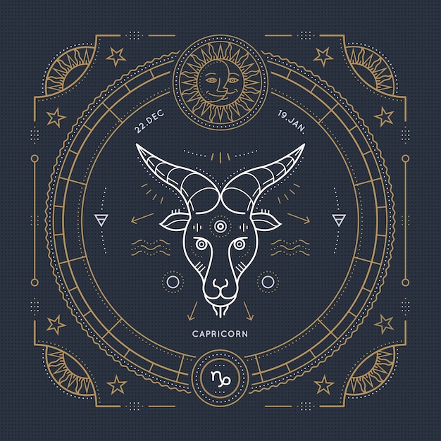 Vintage delgada línea capricornio signo del zodiaco etiqueta. símbolo astrológico retro, místico, elemento de geometría sagrada, emblema, logotipo. ilustración de contorno de trazo