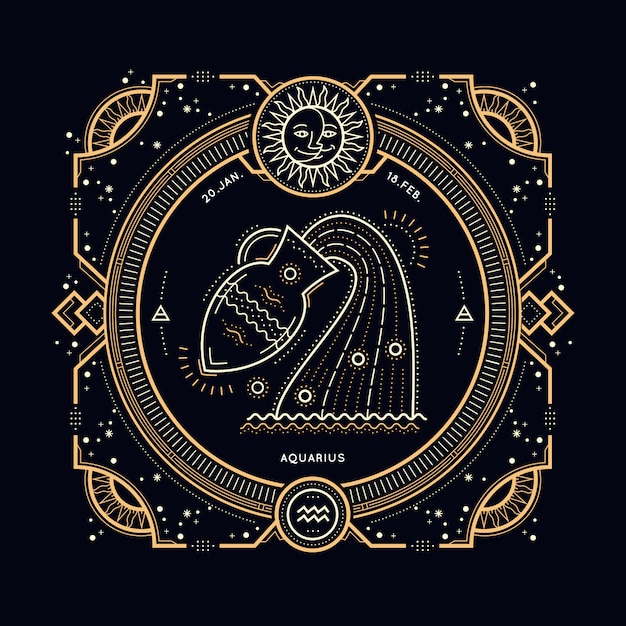 Vector vintage delgada línea etiqueta de signo del zodiaco de acuario. símbolo astrológico retro, místico, elemento de geometría sagrada, emblema, logotipo. ilustración de contorno de trazo