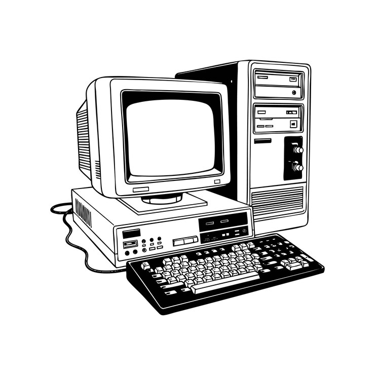 Vintage desktop computer illustration in retro black and white halftone newspaper print