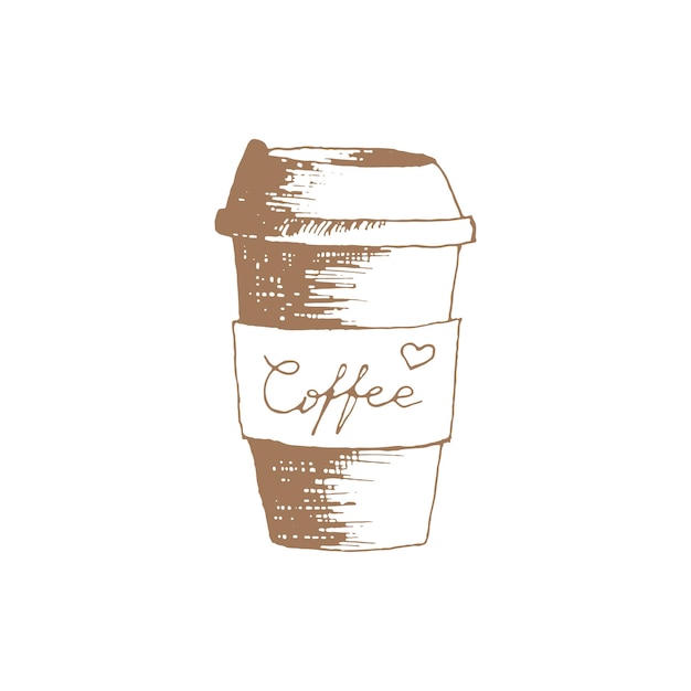 Vintage dibujado a mano de café y un vaso de café ilustración vectorial. Llévate café contigo y café para llevar. Lápiz dibujado en estilo de grabado antiguo. Separar sobre un fondo blanco.