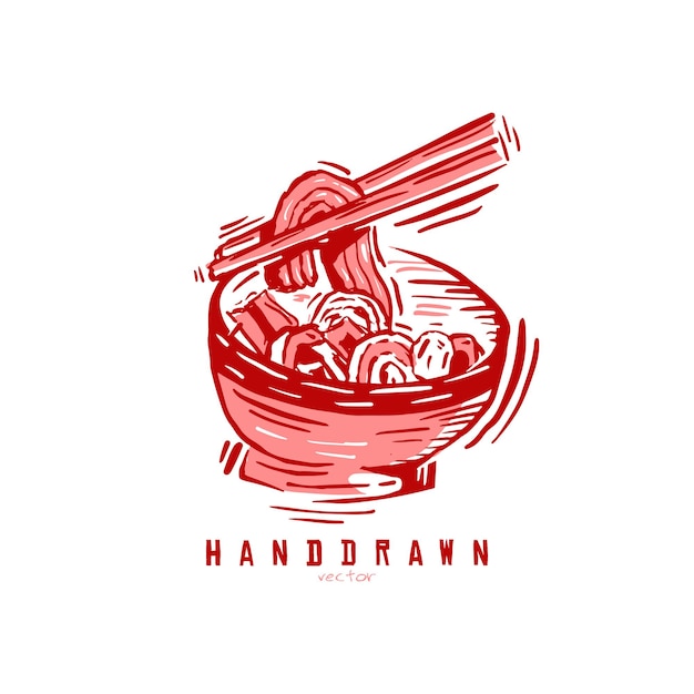 Vintage dibujado a mano vector de fideos asiáticos Ilustración de arte de boceto de Ramen