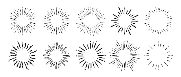 Vintage doodle round fuegos artificiales sunburst explosión conjunto elementos de diseño dibujados a mano vectores de rayos negros