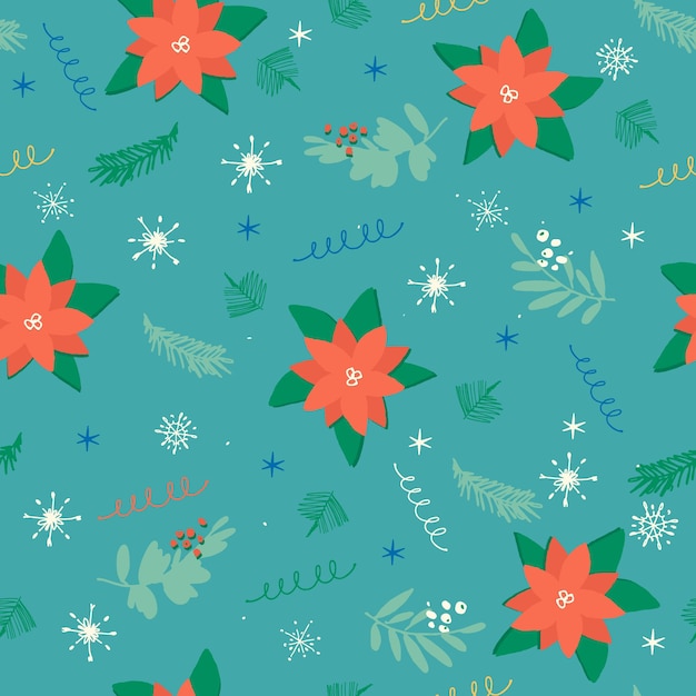 Vintage Feliz Navidad patrón sin costuras con poinsettia dibujado a mano