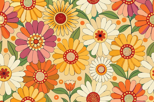 Vintage Flower Seamless Pattern Retro Psychedelic Daisy Diseño para la primavera aislado en el fondo sólido