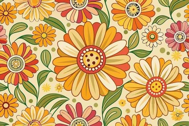 Vintage Flower Seamless Pattern Retro Psychedelic Daisy Diseño para la primavera aislado en el fondo sólido