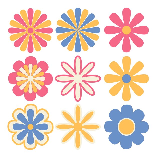 Vintage Flowers 70s diseño vector ilustración Retro 60s y 80s hippy viejo icono de flora sonrisa cara