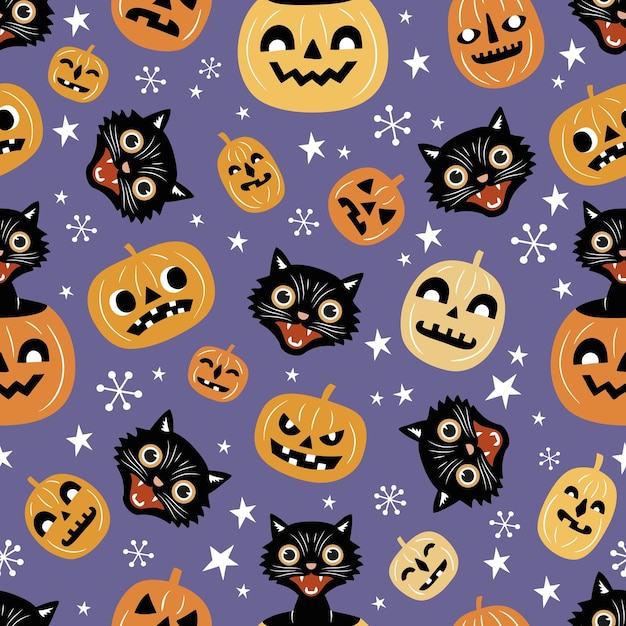 Vintage gatos espeluznantes y calabazas de halloween patrón de vector transparente sobre fondo púrpura.