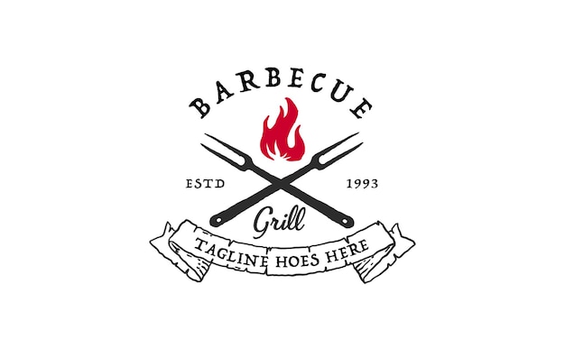 Vintage Grill Barbeque barbacoa con tenedor cruzado y llama de fuego Diseño de logotipo