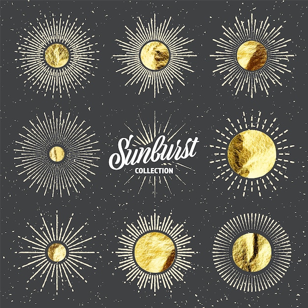 Vector vintage grunge sol puesta de sol rayos de aluminio dorado brillantes círculos hechos a mano textura dorado reluciente