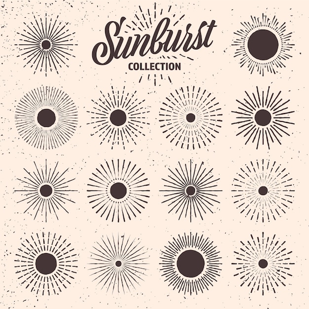 Vintage grunge sunburst sunset beams dibujado a mano estallando rayos de luz solar logotipo o diseño de letras