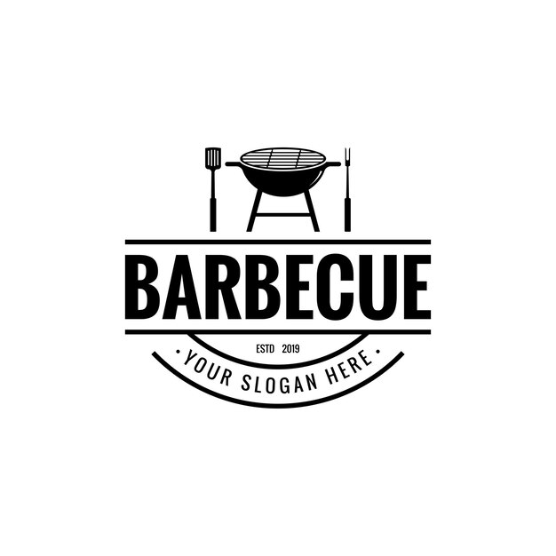 Vintage hipster grill barbeque invitación fiesta barbacoa barbacoa con espátula tenedor cruzado y diseño de logotipo de llama de fuego