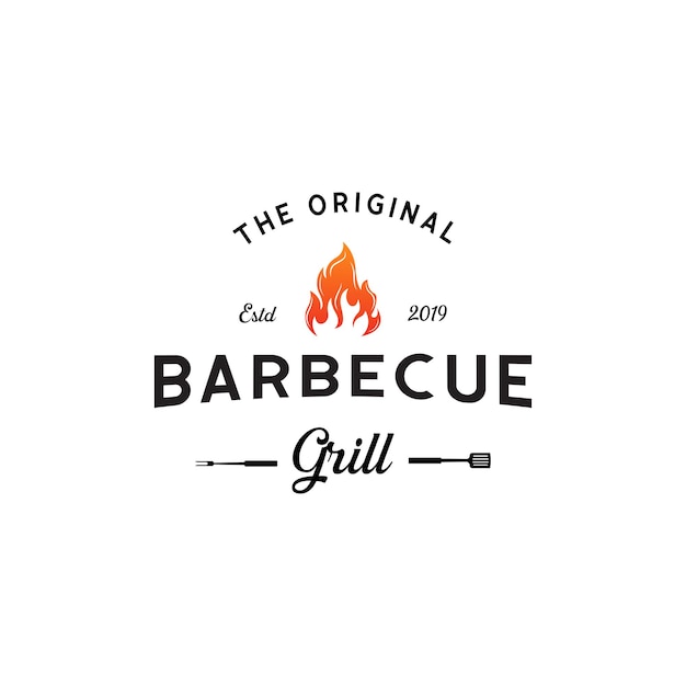 Vintage hipster Grill Barbeque invitación fiesta barbacoa barbacoa con espátula tenedor cruzado y diseño de logotipo de llama de fuego