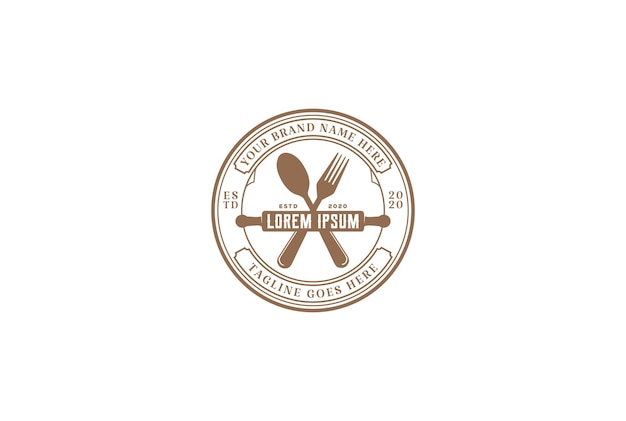 Vintage hipster rolling pin con cuchara tenedor para cafe bakery restaurant logo design vector