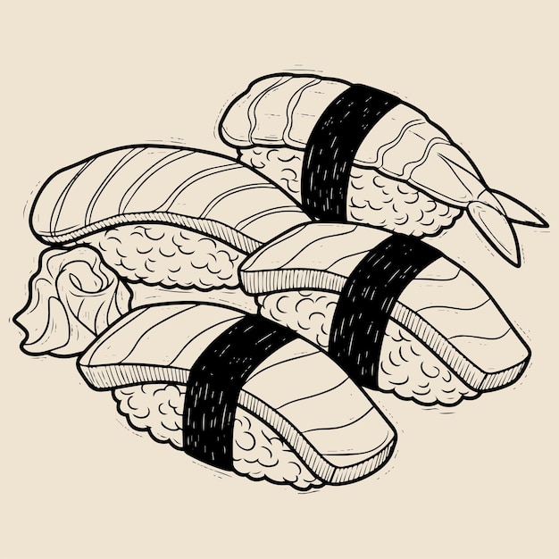 Vintage Japanese Sushi Sketch Monochrome Line Art