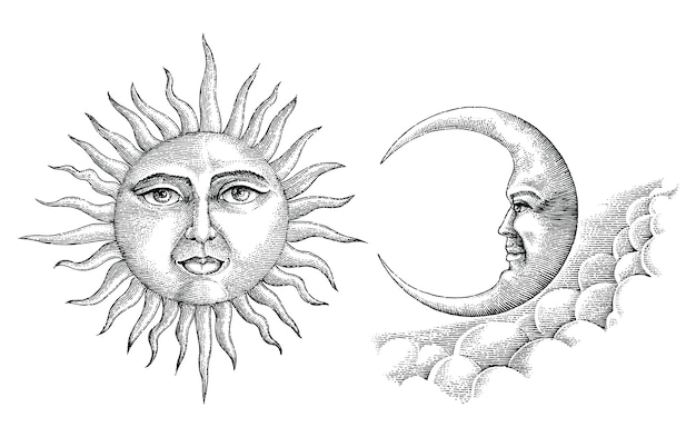 Vintage luna y sol dibujo a mano estilo vintage | Vector Premium