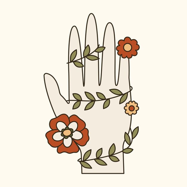 Vintage mano bohemia con flores y enredadera 60s y 70s vibes psicodélico vector clipart