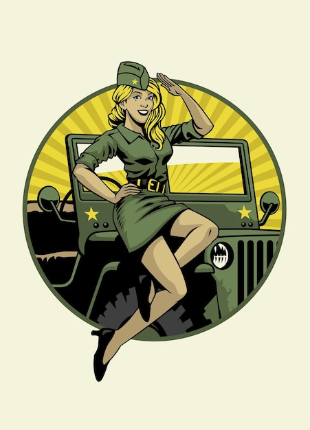 Vintage Military Pin Up Girl posando en el capó del coche