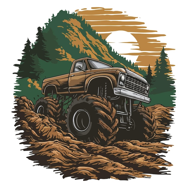 Vintage Monster Truck OffRoad Aventura camiseta diseño terreno fangoso en el Himalaya al atardecer