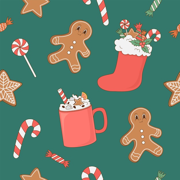 Vintage Navidad de patrones sin fisuras con dulces regalos de caramelo de pan de jengibre sobre fondo verde