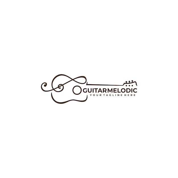 Vintage of guitar melodic acoustic line art logo design