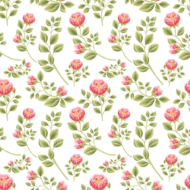 Vintage patrón floral sin fisuras de capullos de flores de peonía roja con arreglos de ramas de hojas
