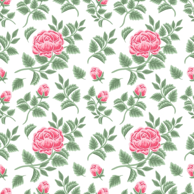 Vintage patrón floral sin fisuras de capullos de rosa rosa y arreglos de ramas de hojas