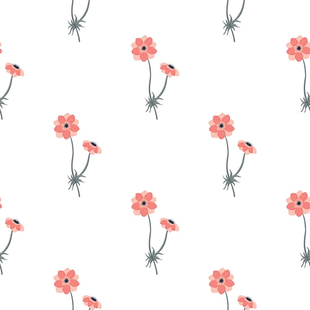 Vintage patrón transparente aislado con formas de flores de anémona rosa simple. Fondo blanco. Ilustración de stock. Diseño vectorial para textiles, telas, papel de regalo, fondos de pantalla.