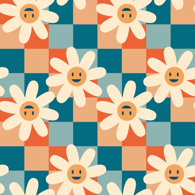 Vintage de patrones sin fisuras con flores de manzanilla sonrientes sobre fondo a cuadros Estampado psicodélico para tee tela de papel textil Ilustración de vector de estilo retro para decoración y diseño