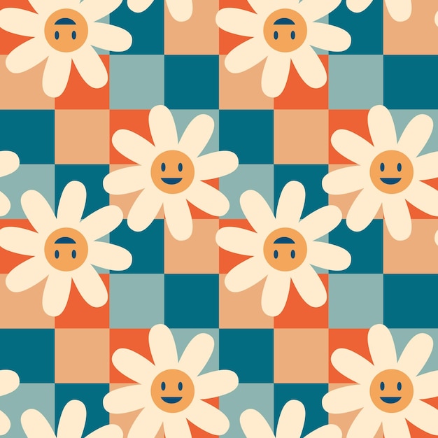 Vintage de patrones sin fisuras con flores de manzanilla sonrientes sobre fondo a cuadros Estampado psicodélico para tee tela de papel textil Ilustración de vector de estilo retro para decoración y diseño