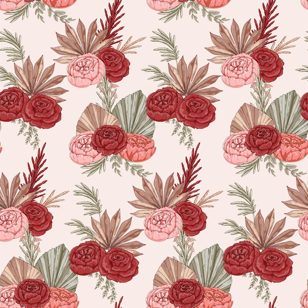 Vintage de patrones sin fisuras con rosas Diseño de papel tapiz Boho Ilustración de vector dibujado a mano
