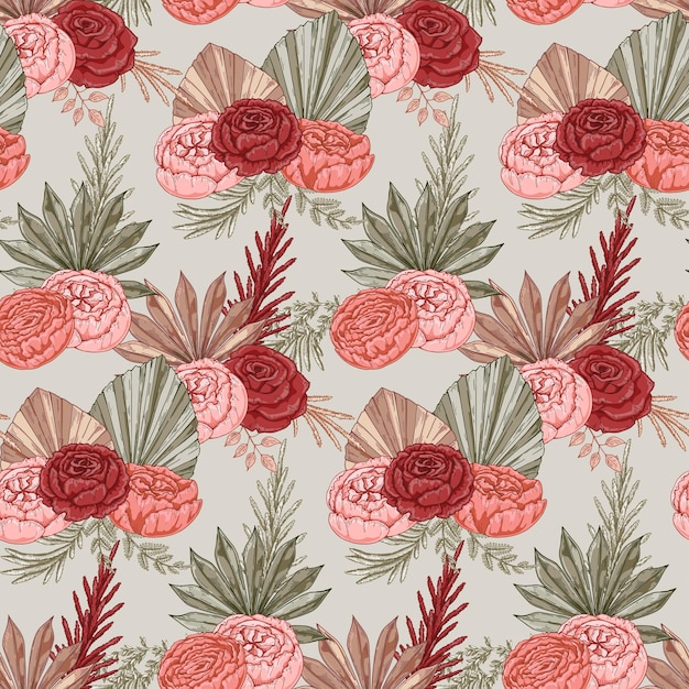 Vintage de patrones sin fisuras con rosas Diseño de papel tapiz Boho Ilustración de vector dibujado a mano