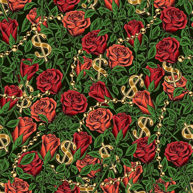 Vintage de patrones sin fisuras con signo de dólar de rosas