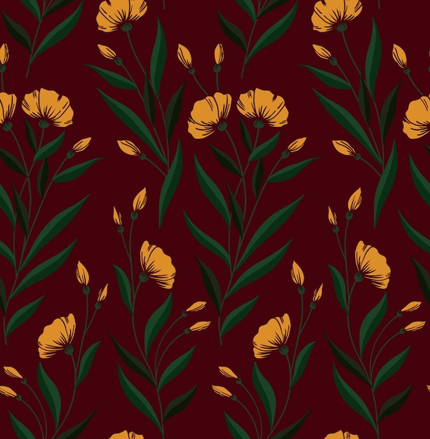 Vintage de patrones sin fisuras con simples flores naranjas sobre un fondo burdeos oscuro. Estampado floral antiguo. Ilustración vectorial.