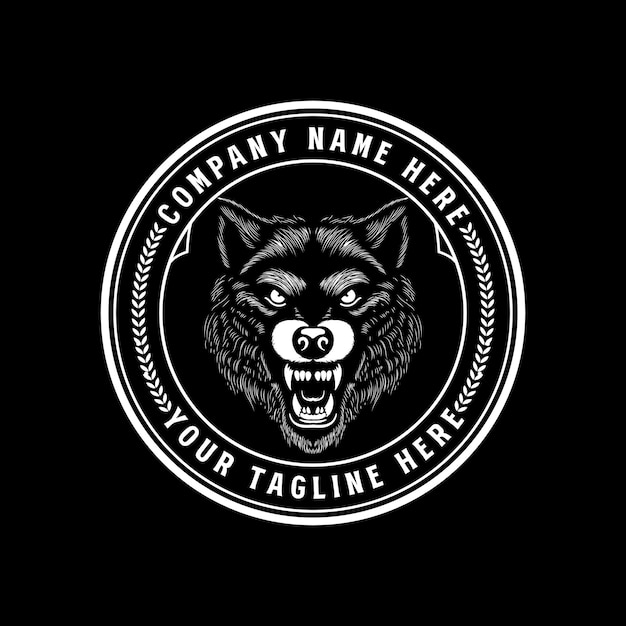 Vintage Retro dibujado a mano rugido lobo enojado cabeza de perro insignia diseño de etiqueta de emblema