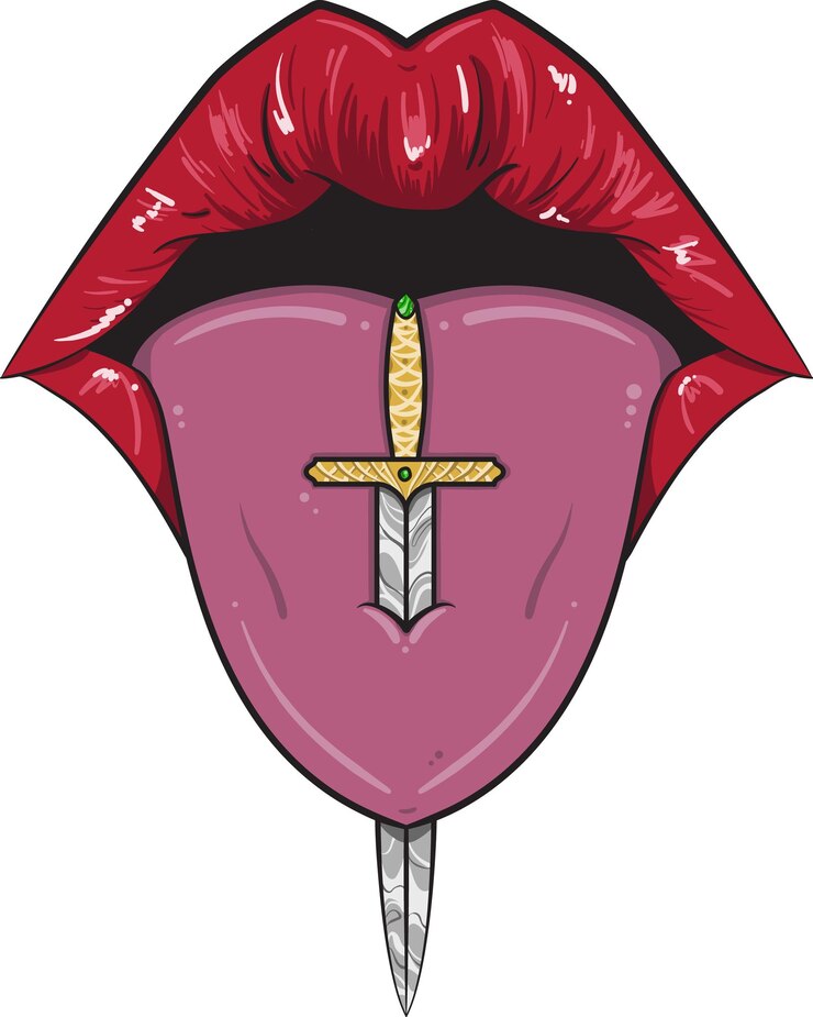 Vector vintage retro hipster tattoo style labios rojos perforados por ornate dagger vector digital art print design