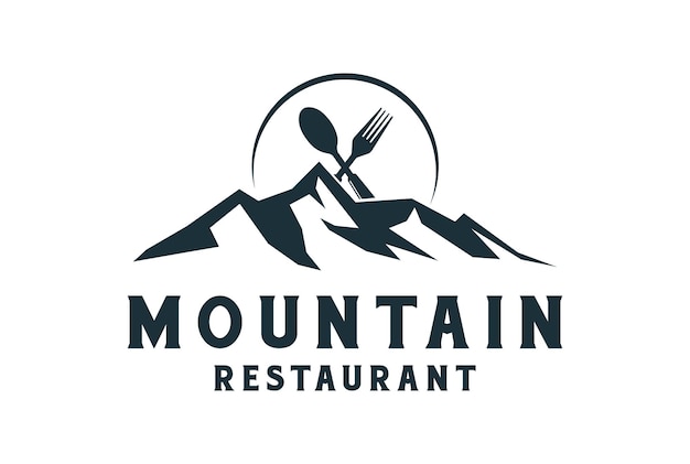 Vintage Retro Ice Rock con Mountain Crossed Spoon Fork para Kitchen Cook Eatery Restaurant o Food Catering Logo Design
