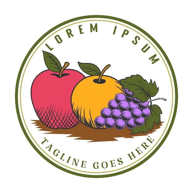 Vintage Retro Manzana Naranja Uvas Frutas Insignia Emblema Etiqueta para el diseño de productos de jardín de granja